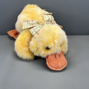 Duck Plush Laying Down Plaid Bow Black Eyes Fine Toy Co Yellow Easter Duckling
